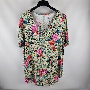 Torrid Blouse Womens Plus 3X Multicolor Jungle Flowers Soft Tunic V-Neck NWT